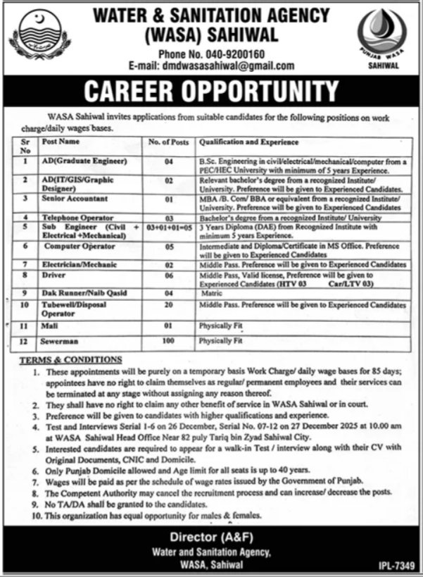 Water and Sanitation Agency (WASA) Jobs 2025