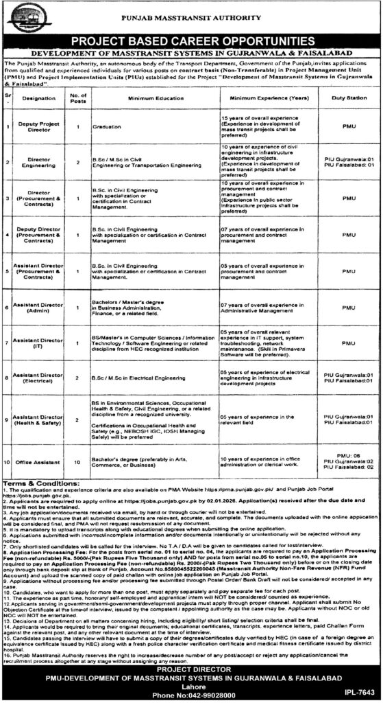Punjab Masstransit Authority (PMA) Project Jobs 2026