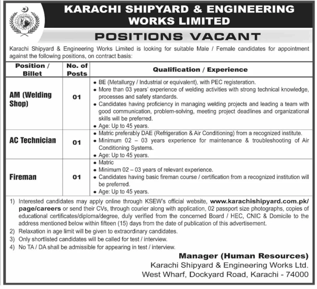 Karachi Shipyard & Engineering Works Limited (KSEW) Jobs 2025–2026