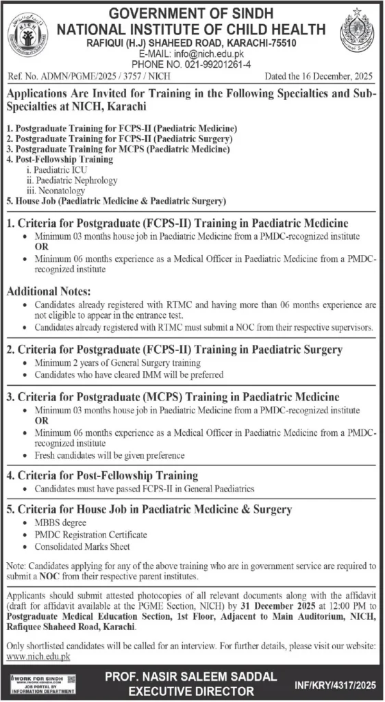 National Institute of Child Health (NICH) Karachi Jobs 2025 – FCPS-II, MCPS, Post-Fellowship & House Job (Paediatrics)