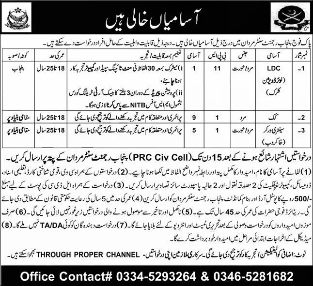 Punjab Regiment Centre Mardan Jobs 2025–2026 (PRC Civ Cell)