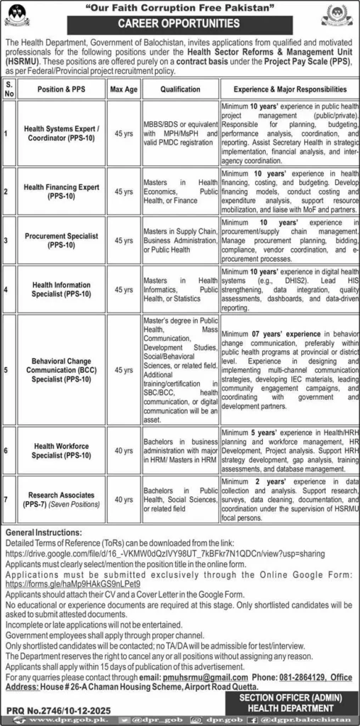 Health Department Balochistan Jobs 2025